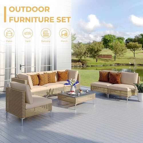 7 Piece Wicker Patio Set Water Resistant Cushions Beige