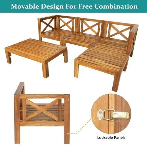 Outdoor Backyard Patio Wood 5-Piece Sectional Sofa Seating Group Set