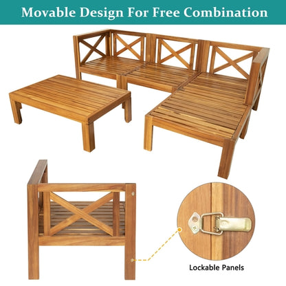 Outdoor Backyard Patio Wood 5-Piece Sectional Sofa Seating Group Set
