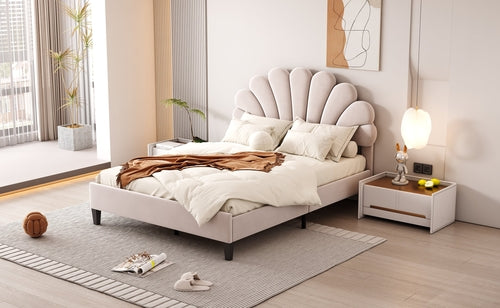 Upholstered Platform Bed with Flower Pattern Velvet Headboard