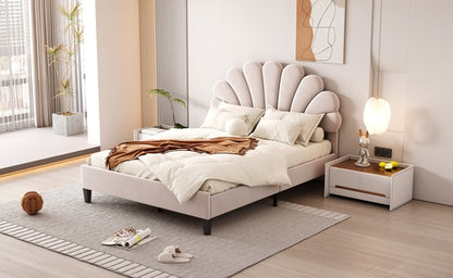 Upholstered Platform Bed with Flower Pattern Velvet Headboard