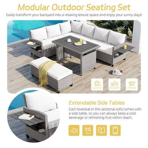 5-Piece Outdoor Patio Rattan Sofa Set, Sectional PE Wicker L-Shaped