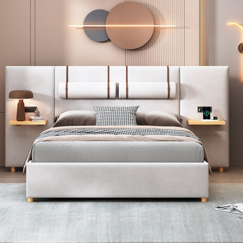 Upholstered Platform Bed with Outlets, USB Ports, Pillows and Storage