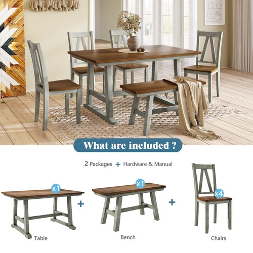 6-Piece Wood Dining Table Set with Long Bench and 4 Dining Chairs,