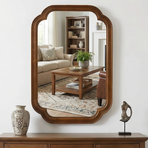 Solid Wood Frame Rounded Corner Decorative Mirror, For Bedroom,