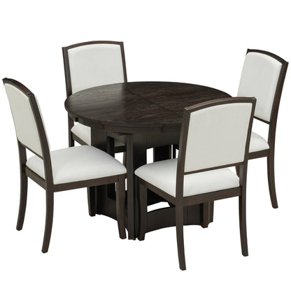 Farmhouse Extendable Round Dining Table Set for 4, 5-Piece Kitchen