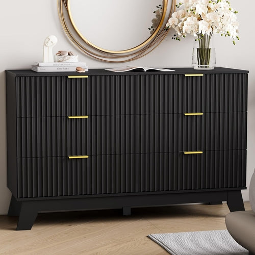 6 Drawer Dresser In Natural Wood With Fluted Front And Gold Handles
