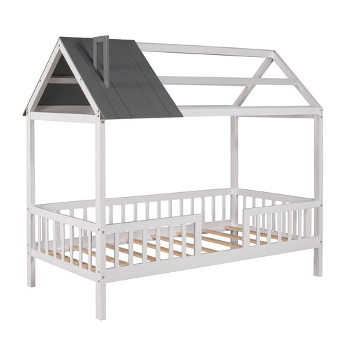 Twin Size Wood House Bed with Fence,White+Gray