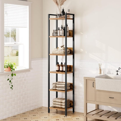 Six Tier Standing Bookcase In Rustic Brown And Black For Small Spaces