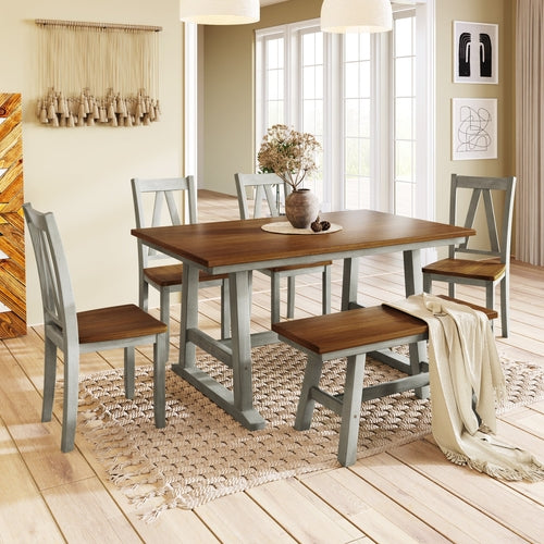 6-Piece Wood Dining Table Set with Long Bench and 4 Dining Chairs,