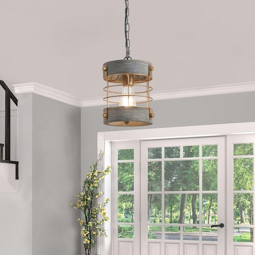 Rustic Farmhouse Pendant Light Adjustable Metal And Wood Blue Gray