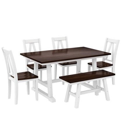 6-Piece Wood Dining Table Set with Long Bench and 4 Dining Chairs,