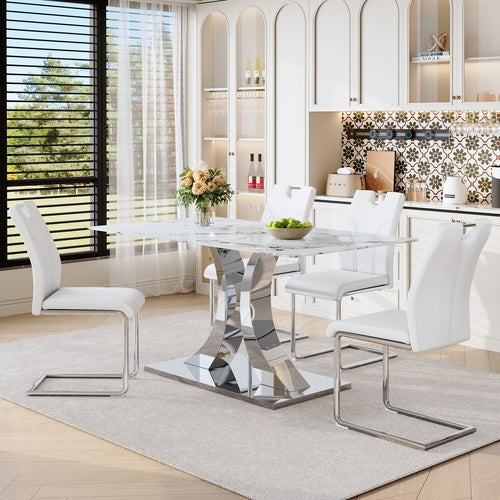 Luxury Modern 63-inch Dining Table Set With 4 Upholstered Chairs,