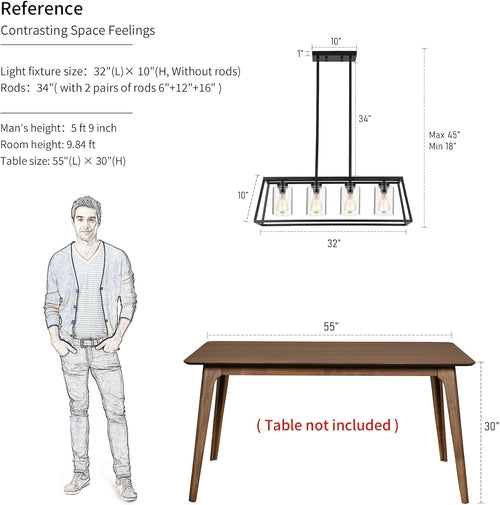 Black Farmhouse Linear Chandelier 4 Light For Dining Room
