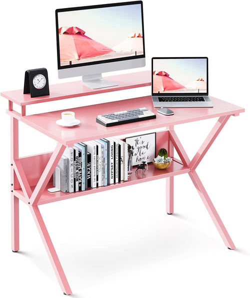 27.5-Inch Pink Desk With Monitor Stand For Small Spaces
