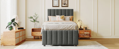 Upholstered Platform Bed with Trundle and 3 Drawers, Linen Fabric