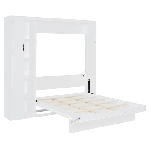 Queen Size Murphy Bed Wall Bed with Shelves, Wardrobe and LED Lights