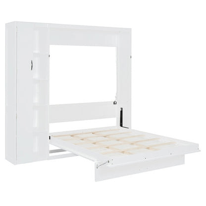 Queen Size Murphy Bed Wall Bed with Shelves, Wardrobe and LED Lights