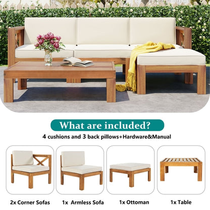 Outdoor Backyard Patio Wood 5-Piece Sectional Sofa Seating Group Set