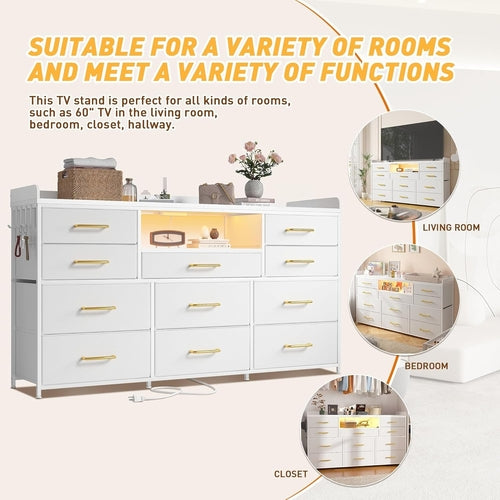 Bedroom Dresser With 11 Drawers And 60 Inch TV Stand White