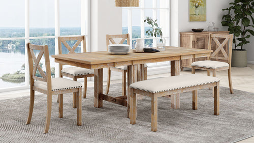 Farmhouse 82inch 6-Piece Extendable Dining Table with Footrest, 4
