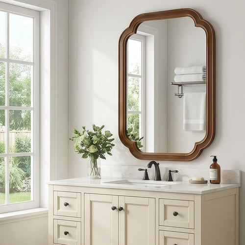Solid Wood Frame Rounded Corner Decorative Mirror, For Bedroom,