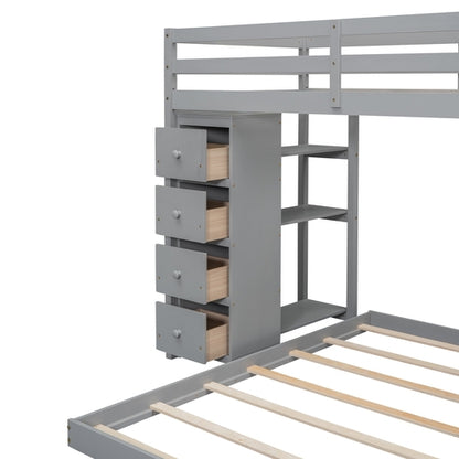 Twin Over Full Bunk Bed with 3-layer Shelves, Drawers and Storage
