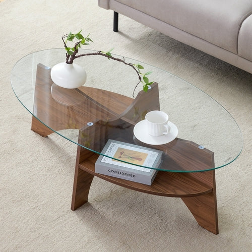 Oval Glass Coffee Table – 41.3" Modern Tempered Glass Table,