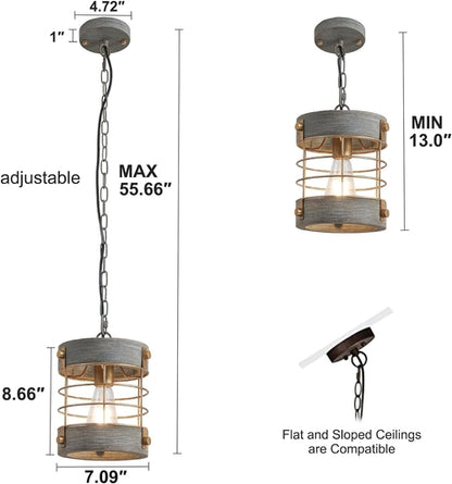 Rustic Farmhouse Pendant Light Adjustable Metal And Wood Blue Gray