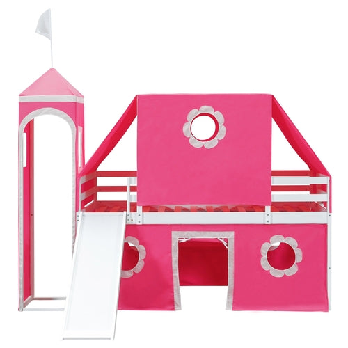 Twin Size Loft Bed with Slide Pink Tent and Tower - Pink