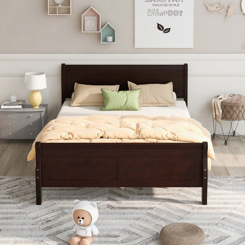 Wood Platform Bed with Headboard and Wooden Slat Support