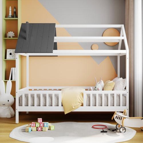 House Bed Twin White and gray Solid Wood with Fence and Storage for