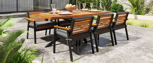 Modern 7-Piece Dining Set, Acacia Wood with Iron Frame, 6 Chairs with