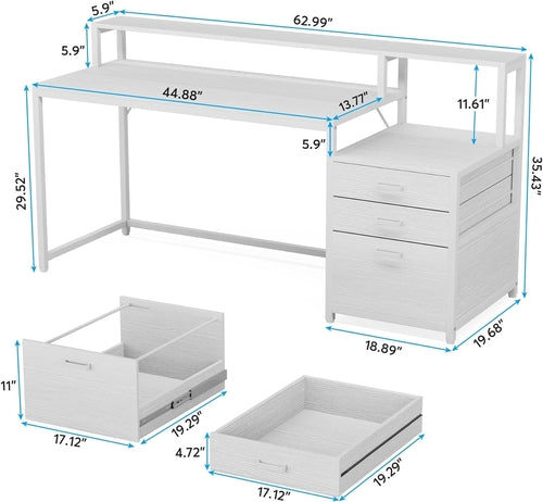 White Computer Desk With File Cabinet And Monitor Stand