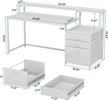 White Computer Desk With File Cabinet And Monitor Stand