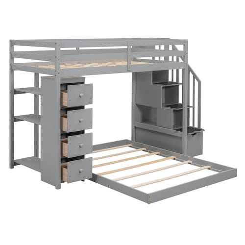 Twin Over Full Bunk Bed with 3-layer Shelves, Drawers and Storage