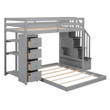Twin Over Full Bunk Bed with 3-layer Shelves, Drawers and Storage