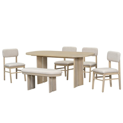 Solid Wood Dining Table Set with Bench - 6-Piece Upholstered