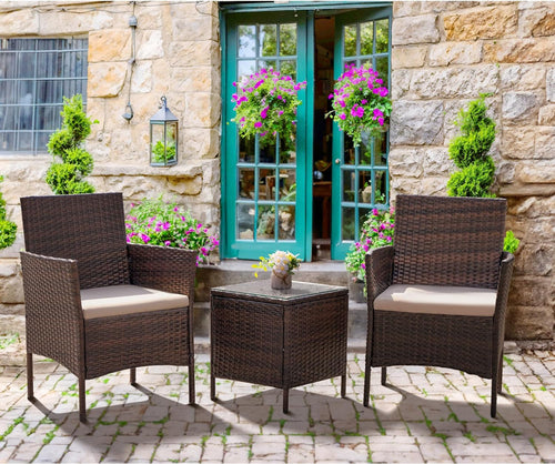Patio Set 3 Piece All Weather Rattan Glass Table Brown