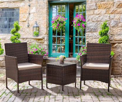 Patio Set 3 Piece All Weather Rattan Glass Table Brown
