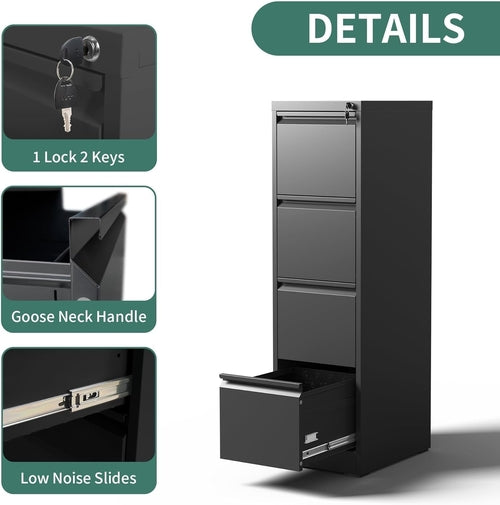4 Drawer File Cabinet With Lock Black Metal Vertical Filing Cabinet