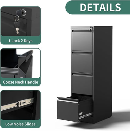 4 Drawer File Cabinet With Lock Black Metal Vertical Filing Cabinet