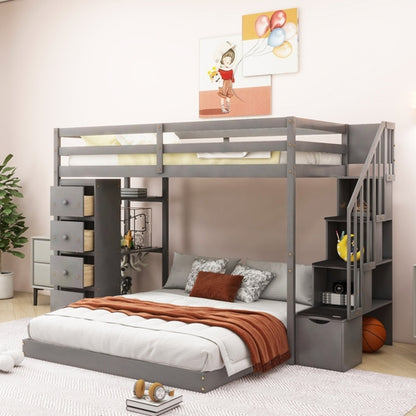 Twin Over Full Bunk Bed with 3-layer Shelves, Drawers and Storage