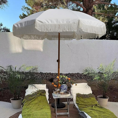 7Ft Fringe Tassel Patio Umbrella White Cream UPF50 Tilt Push Button