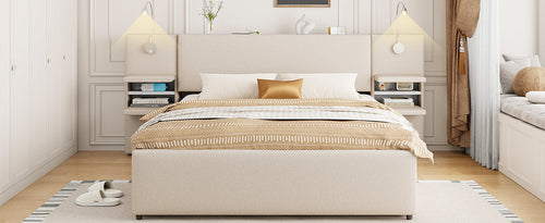 Queen Size Upholstered Platform Bed with Reading Lights, Drawers,