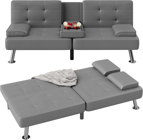 Grey Futon Sofa Bed With Adjustable Back And Cup Holders