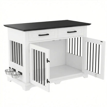 44.48" Wooden Dog Crate Furniture with Storage Drawers and Rotating