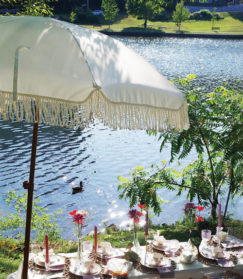 7Ft Fringe Tassel Patio Umbrella White Cream UPF50 Tilt Push Button