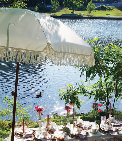 7Ft Fringe Tassel Patio Umbrella White Cream UPF50 Tilt Push Button