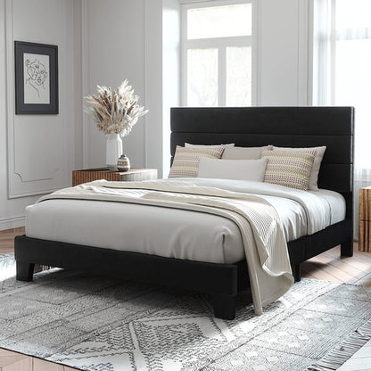 Black Velvet Queen Platform Bed Easy Assembly No Box Spring
